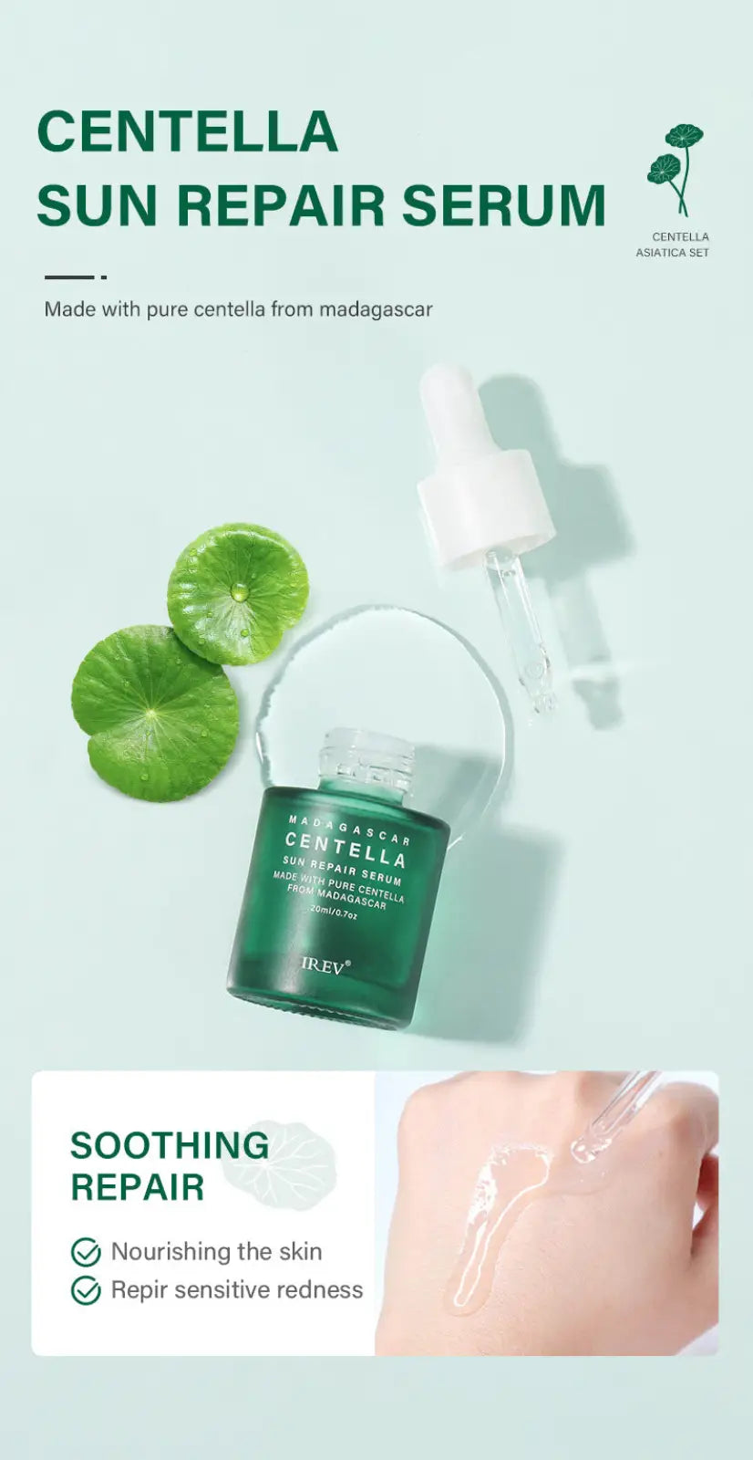 Green glass bottle of centella sun repair serum with white dropper cap and clear liquid from irev skincare set