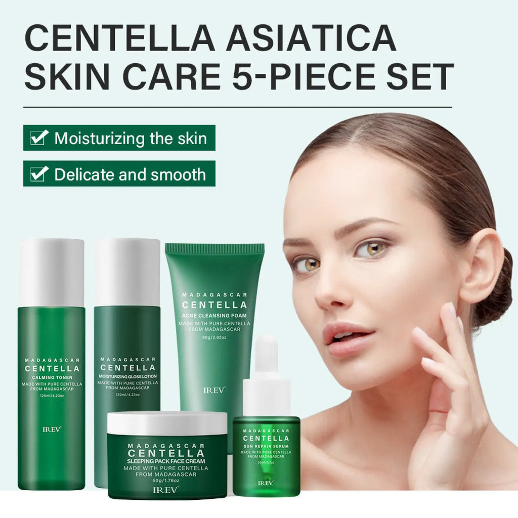 Green and white centella asiatica 5-piece facial skincare set by irev featuring toner lotion foam serum and face cream