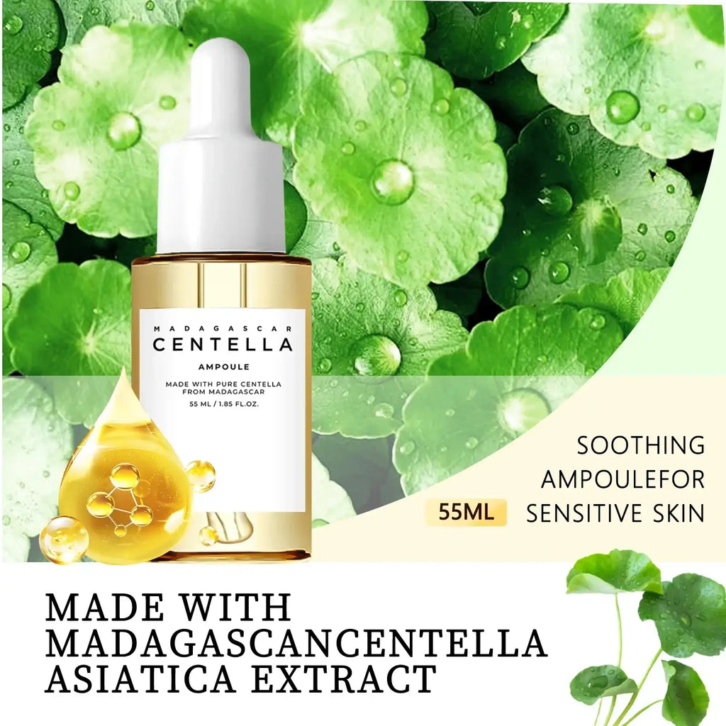 A golden glass bottle of centella asiatica ampoule with white dropper cap for cooling therapy of irritated skin