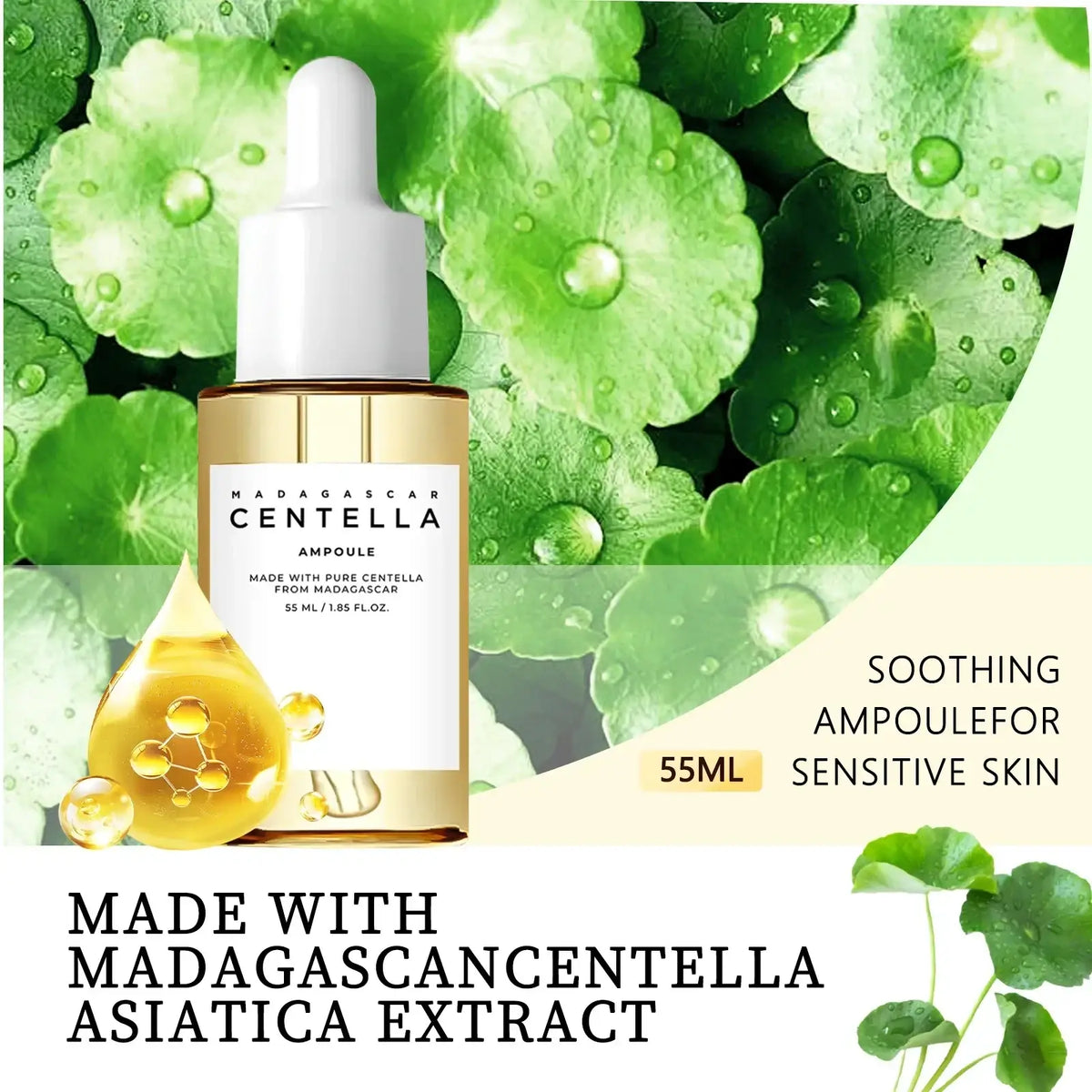 A golden glass bottle of centella asiatica ampoule with white dropper cap for cooling therapy of irritated skin