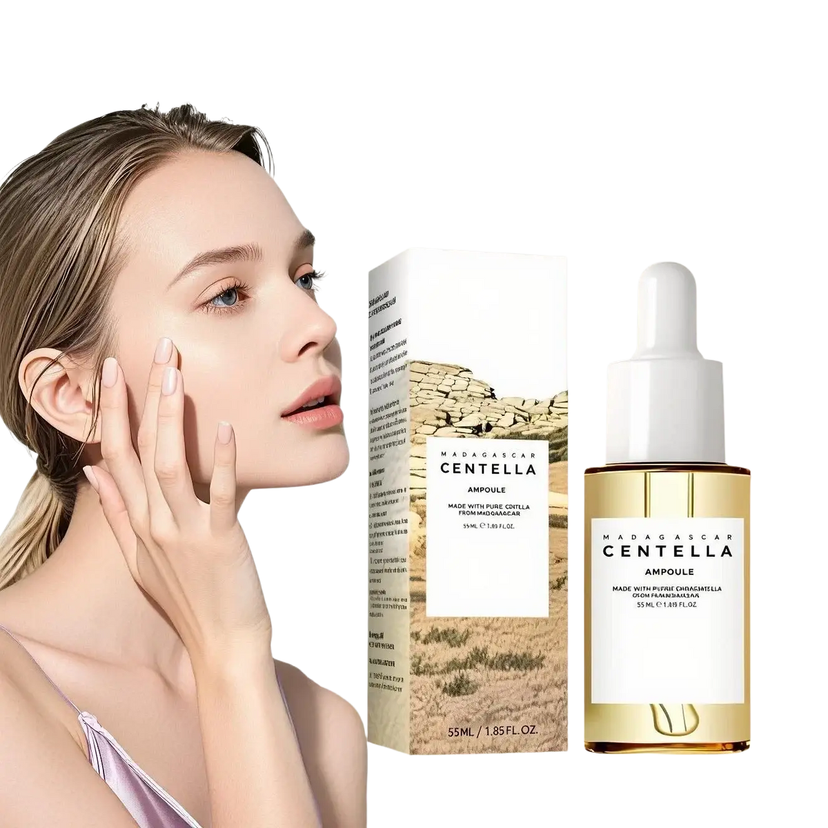 Golden glass bottle with white dropper cap containing centella asiatica ampoule for irritated skin cooling therapy