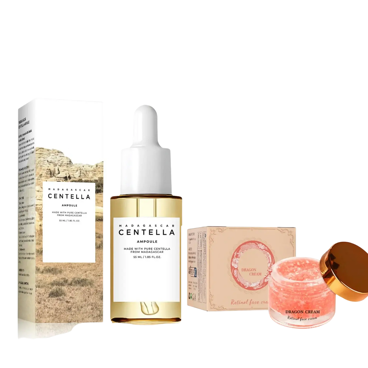Golden glass bottle of centella asiatica ampoule with white dropper cap for cooling therapy of irritated skin