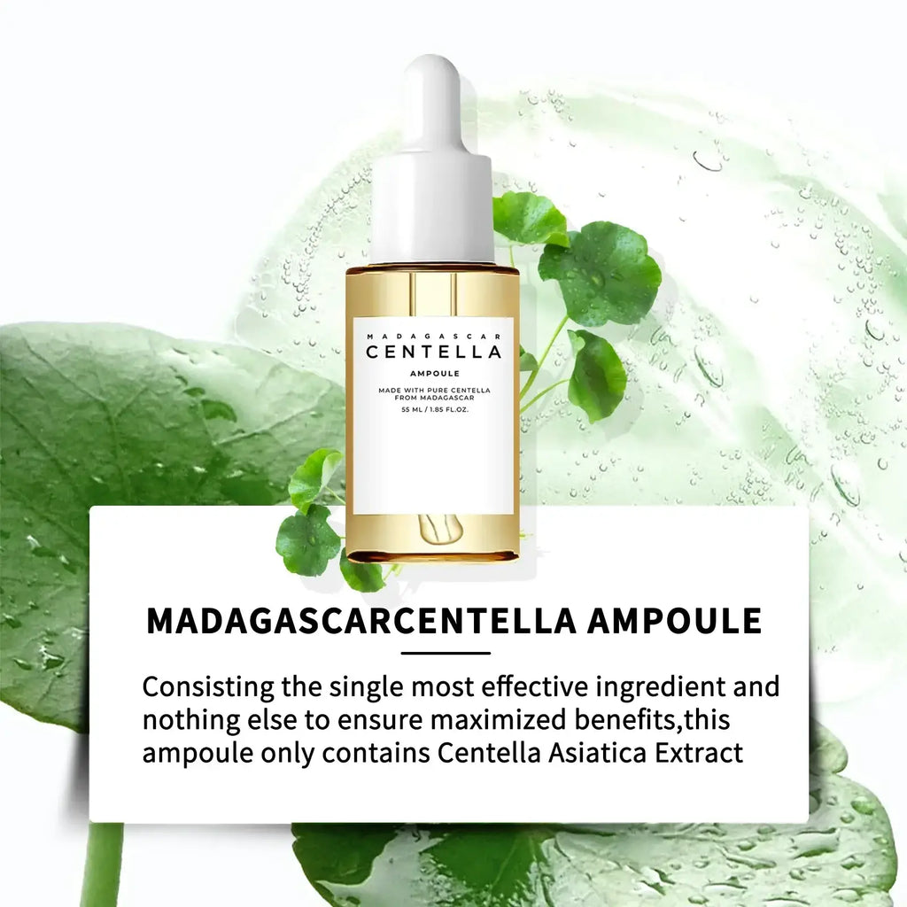 A sleek gold-toned glass bottle with white dropper cap containing centella asiatica ampoule for irritated skin cooling therapy