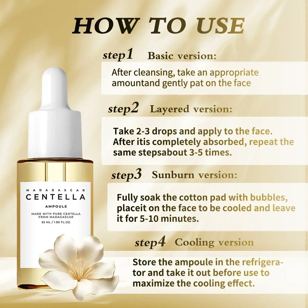 A sleek transparent glass bottle with a white dropper cap contains golden madagascar centella asiatica ampoule for irritated skin cooling therapy