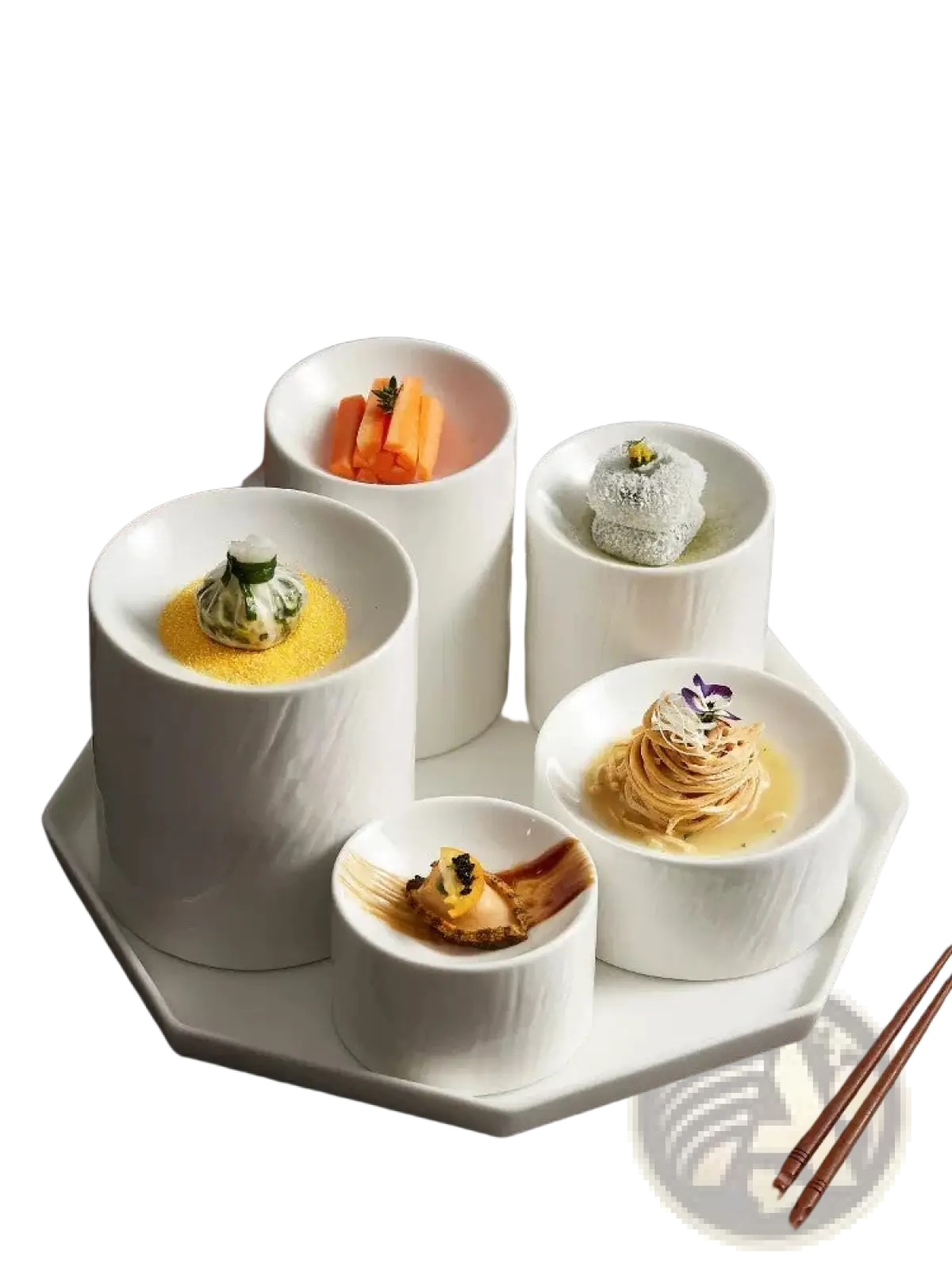 White ceramic appetizer bowl set with matte textured finish featuring cylindrical bowls arranged on a serving tray