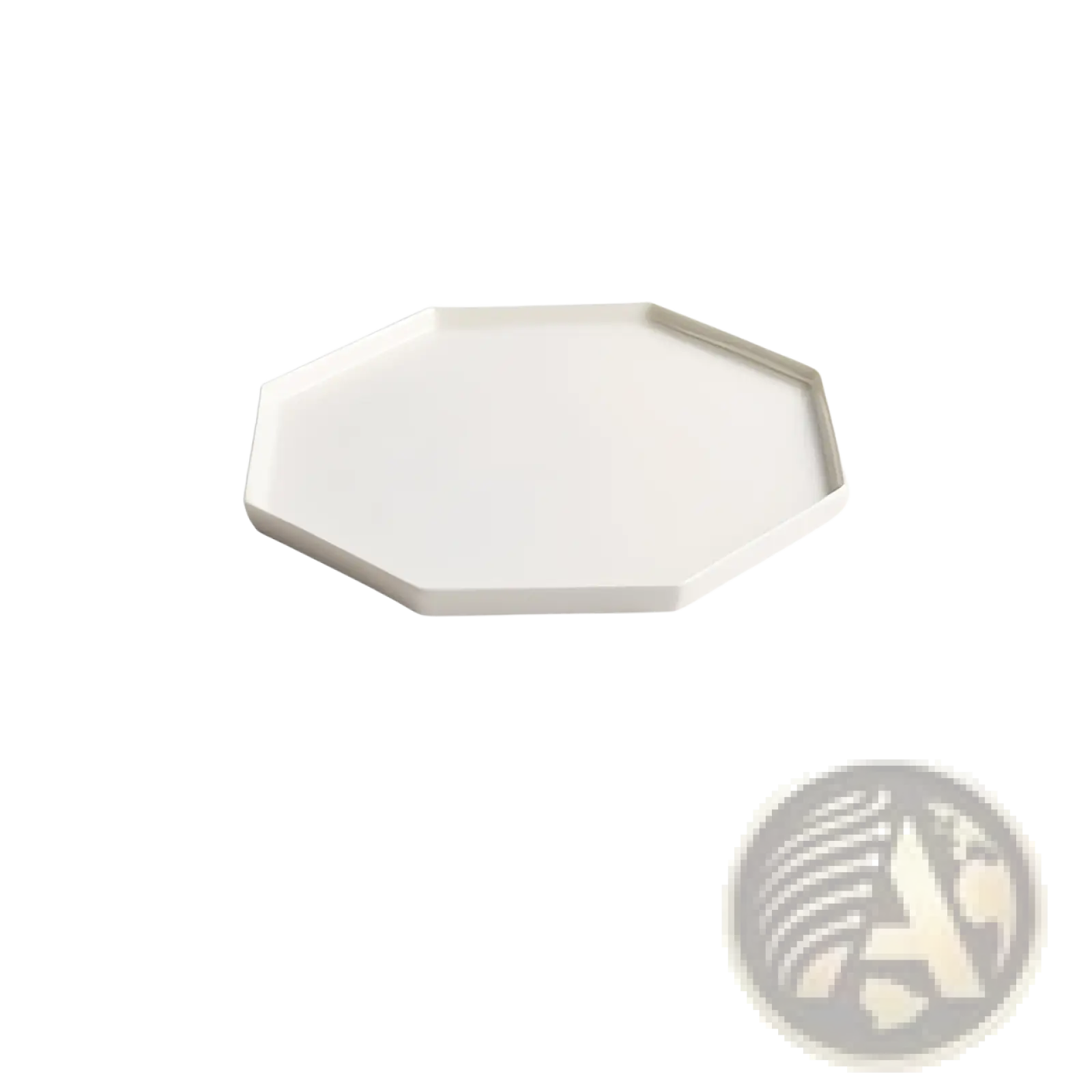 A sleek off-white ceramic octagonal tray with a glossy finish and slightly raised edges for appetizers