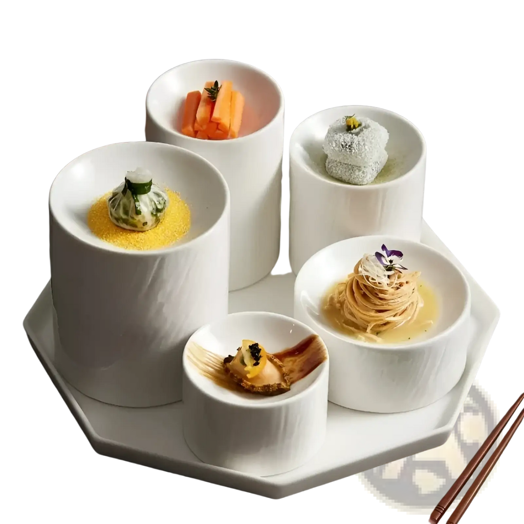 Set of six white ceramic appetizer bowls with matte textured finish on hexagonal tray holding gourmet dishes