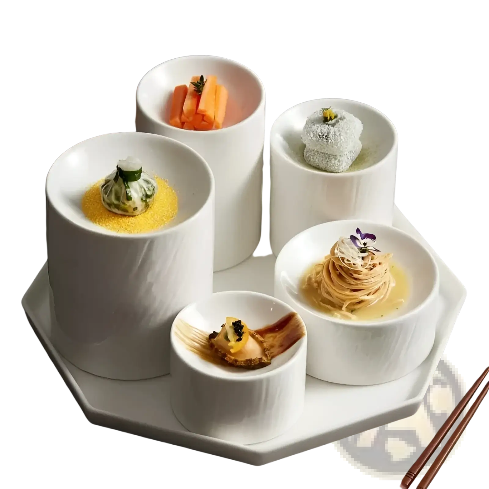 Set of six white ceramic appetizer bowls with matte textured finish on hexagonal tray holding gourmet dishes