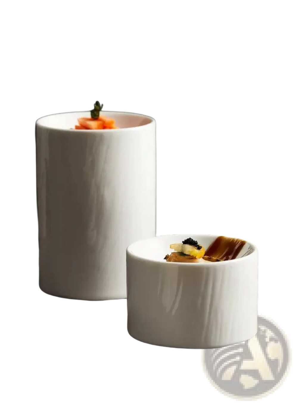 White ceramic appetizer bowl set with matte textured finish and slightly uneven surface in ramekin shape