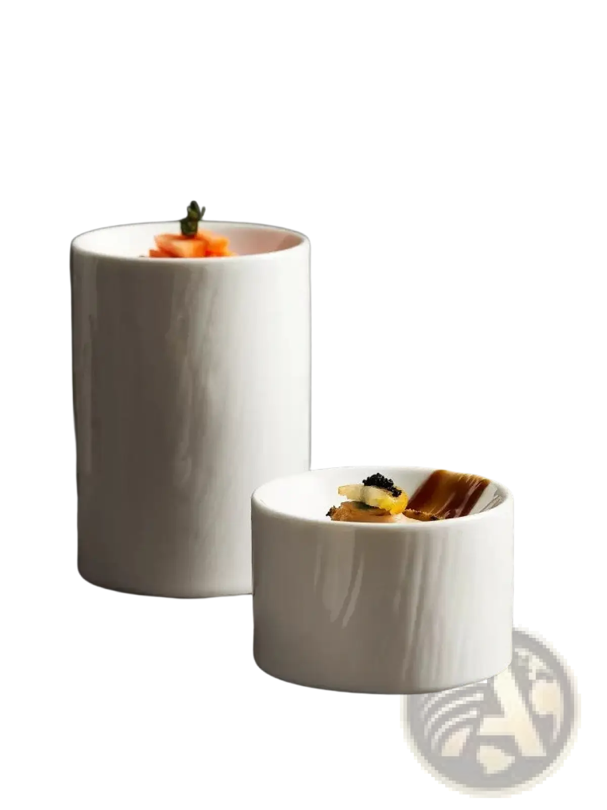 White ceramic appetizer bowl set with matte textured finish and slightly uneven surface in ramekin shape