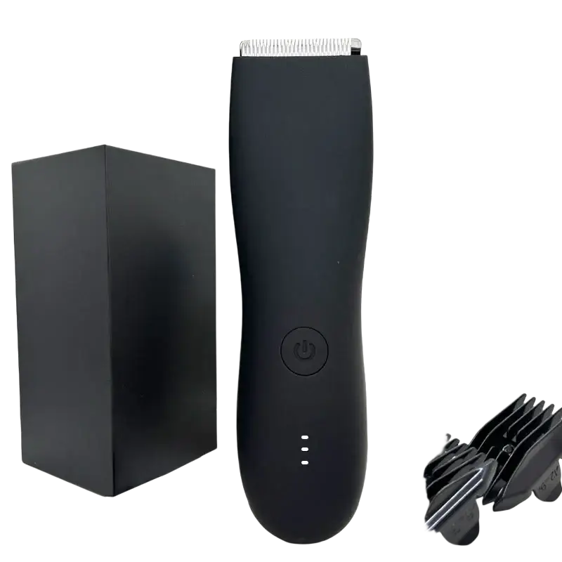 Black cordless ceramic blade body hair trimmer with silver cutting blade and power button for precise grooming