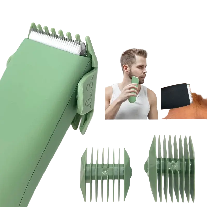 Green plastic ceramic blade body hair trimmer with interchangeable comb attachments for precise length adjustment