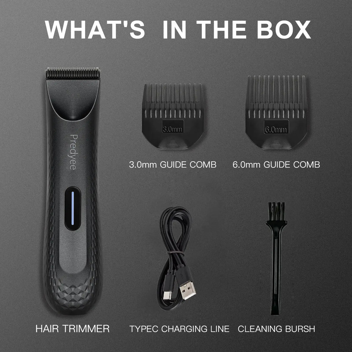 Black ceramic blade body hair trimmer with textured grip blue led indicator and guide combs for precise cutting