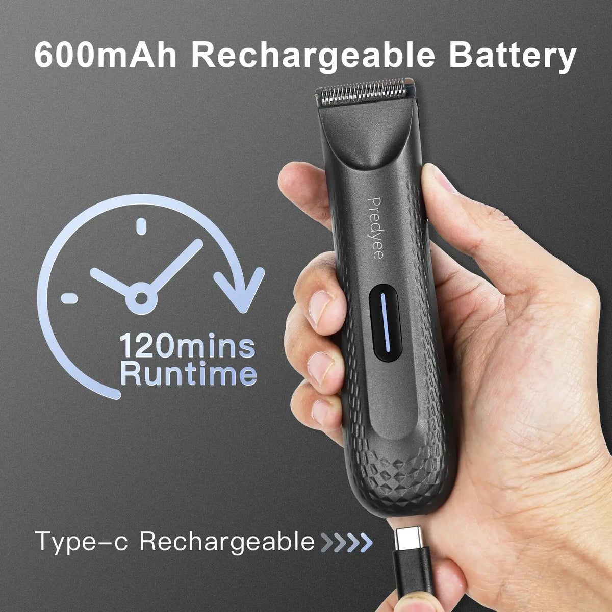 Black textured predyee ceramic blade body hair trimmer with guide combs and 600mah rechargeable battery type-c charging port