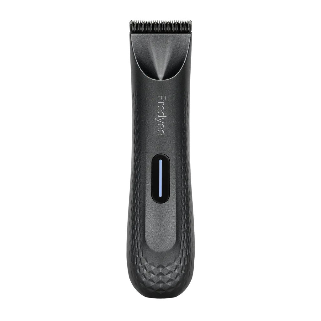 Black textured prelyee ceramic blade body hair trimmer with guide combs and blue power indicator showing charging time