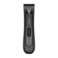 Black textured prelyee ceramic blade body hair trimmer with guide combs and blue power indicator showing charging time