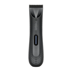 Black textured prelyee ceramic blade body hair trimmer with guide combs and blue power indicator showing charging time