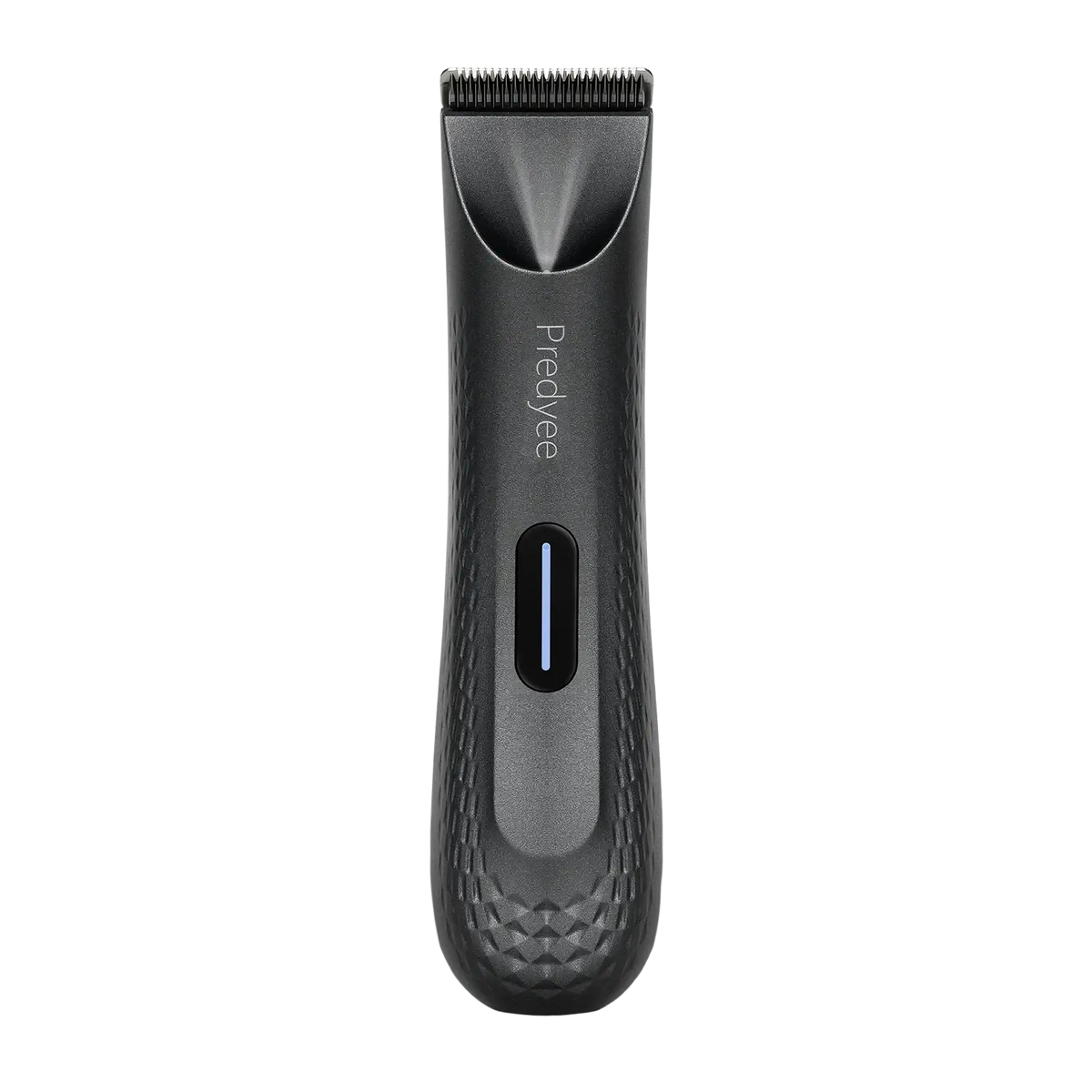 Black textured prelyee ceramic blade body hair trimmer with guide combs and blue power indicator showing charging time