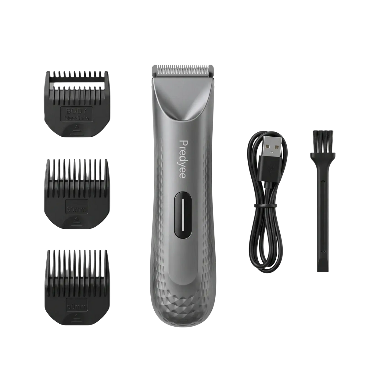 Gray predyee ceramic blade body hair trimmer with textured grip and three black guide combs for adjustable charging time