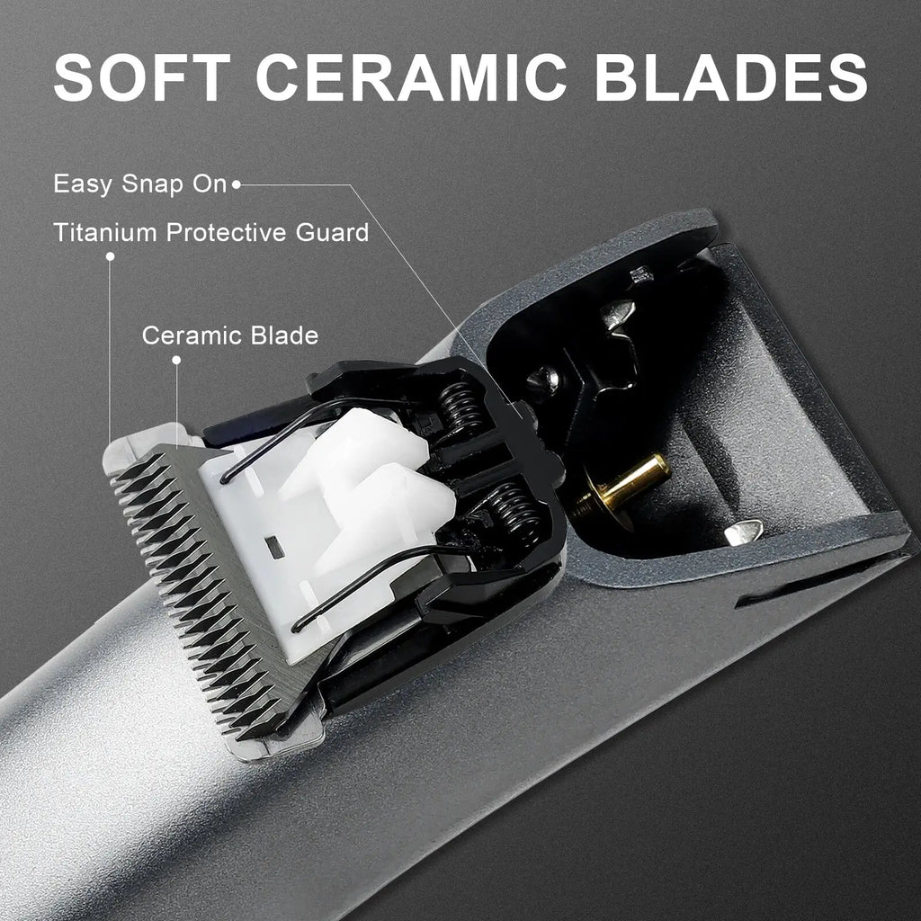 Silver ceramic blade body hair trimmer with soft ceramic blades, titanium guard, and adjustable guide combs charging time features