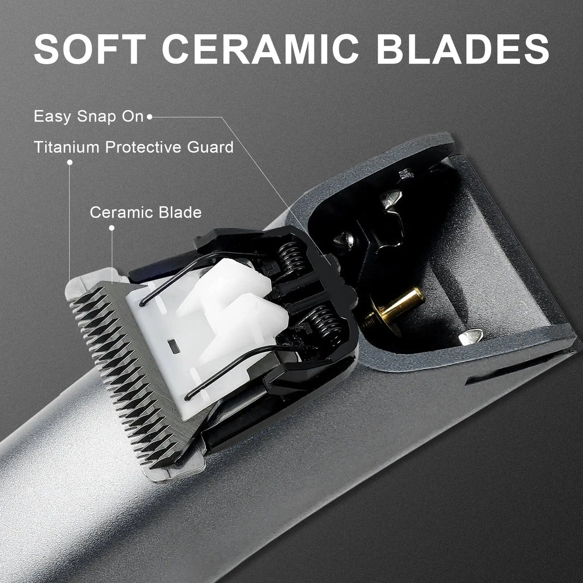 Silver ceramic blade body hair trimmer with soft ceramic blades, titanium guard, and adjustable guide combs charging time features