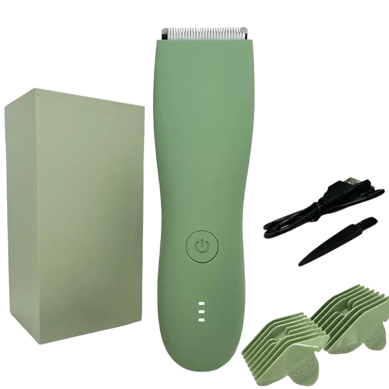 Mint green cordless body hair trimmer with ceramic blade and matching accessories for precise grooming tasks
