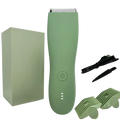 Mint green cordless body hair trimmer with ceramic blade and matching accessories for precise grooming tasks