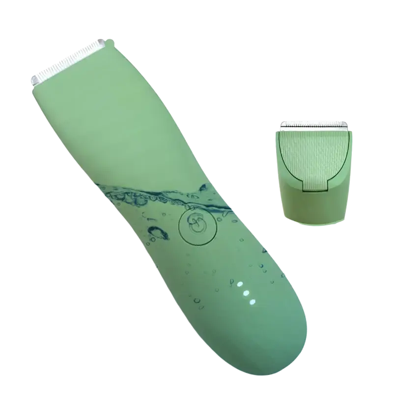 A sleek matte green ceramic blade body hair trimmer with r-type blade head and waterproof design