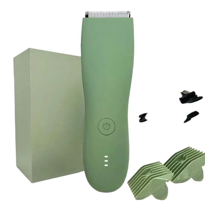 A sleek matte sage green ceramic blade body hair trimmer with a rounded ergonomic grip and metallic cutting head