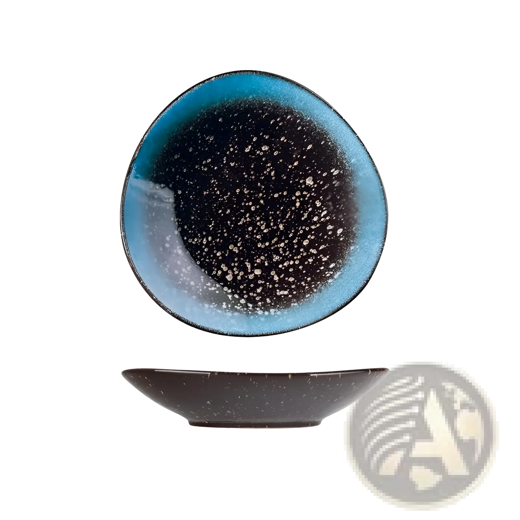 Ceramic blue speckled nordic round plate with gradient blue rim and black speckled center 20.3cm diameter 4.5cm deep