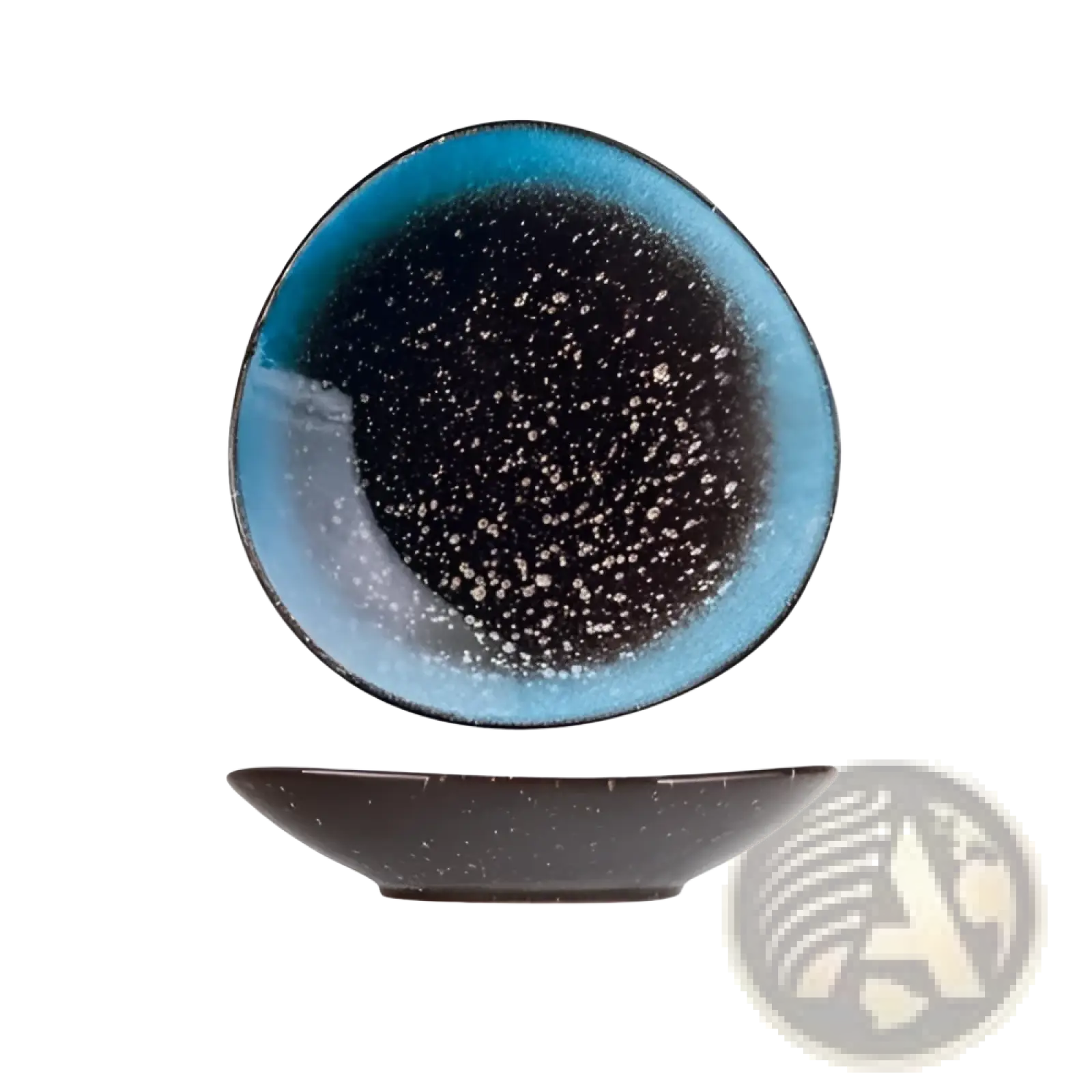A 23cm ceramic Nordic plate with a speckled black center and vibrant blue round corner fillet rim