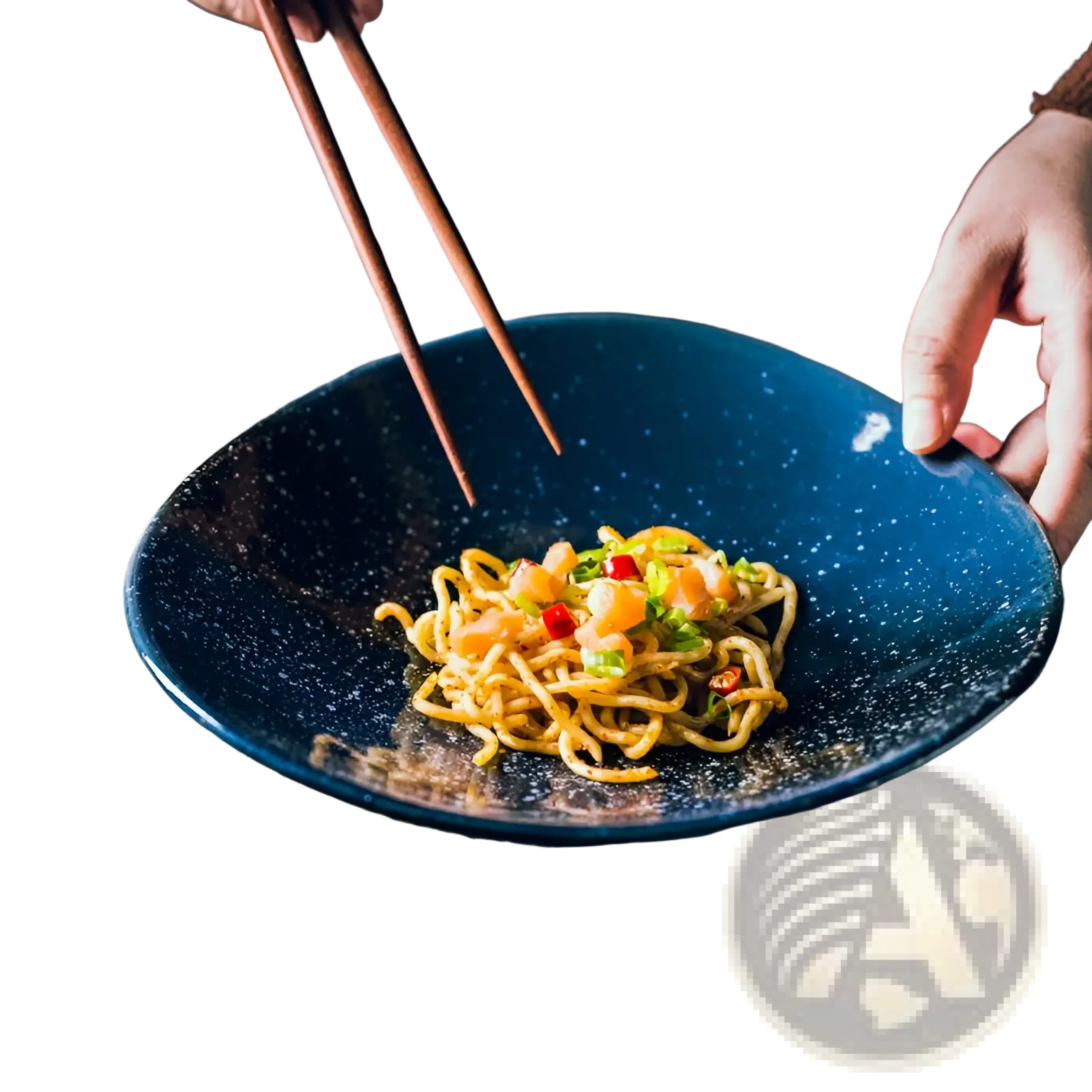 Ceramic blue speckled nordic round corner fillet plate holding stir-fried noodles with shrimp and vegetables