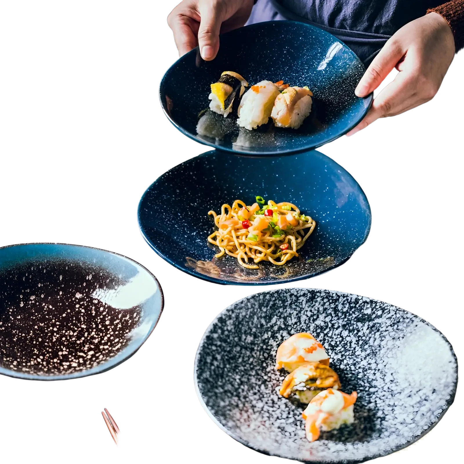 Deep blue ceramic round corner fillet plate with speckled textured glaze in nordic style