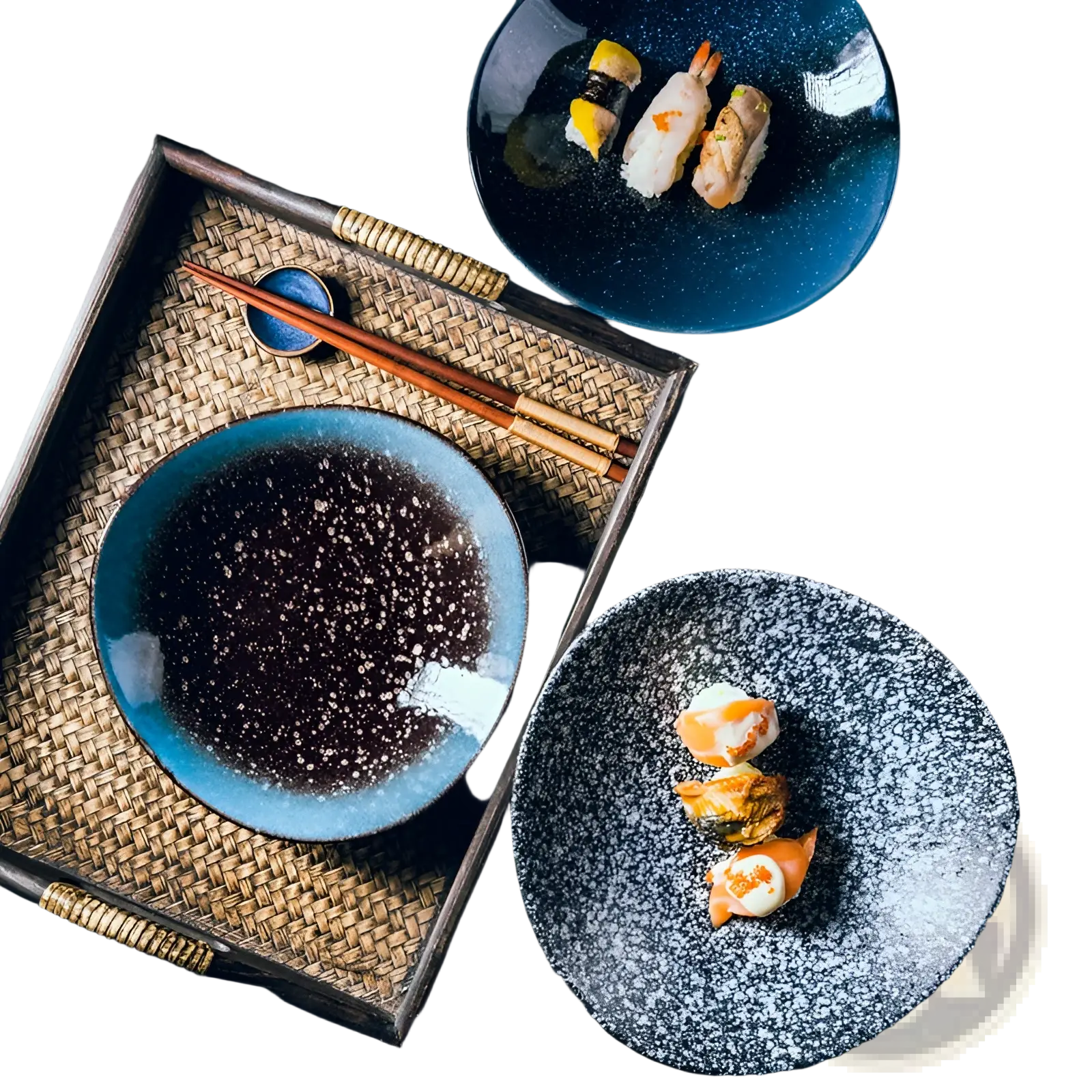 Ceramic blue speckled nordic round corner fillet plates with glossy finish arranged on a woven bamboo tray