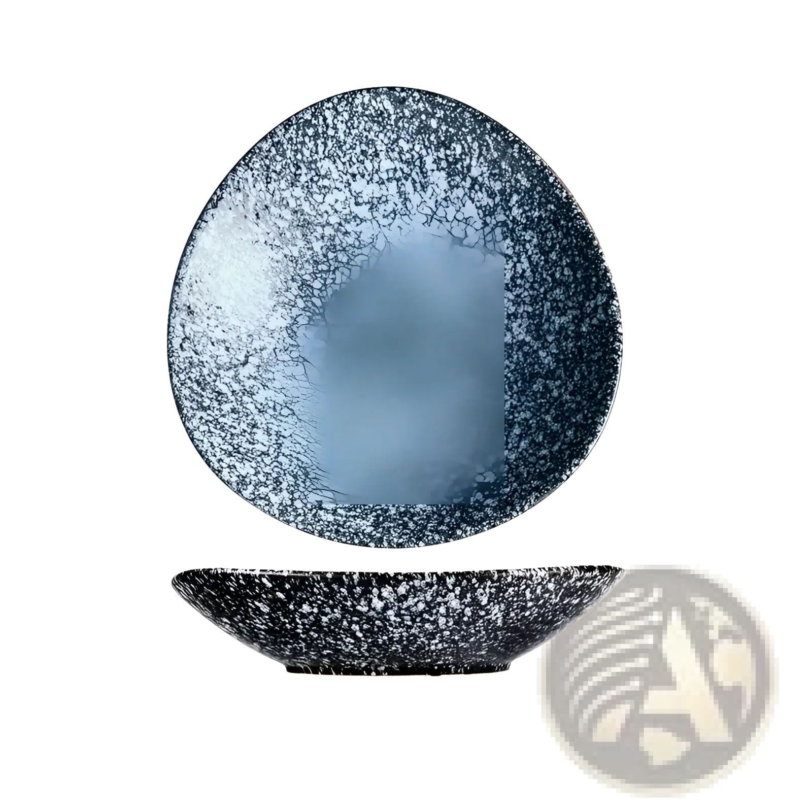 A dark blue ceramic round corner fillet plate with speckled white glaze and a shallow curved rim