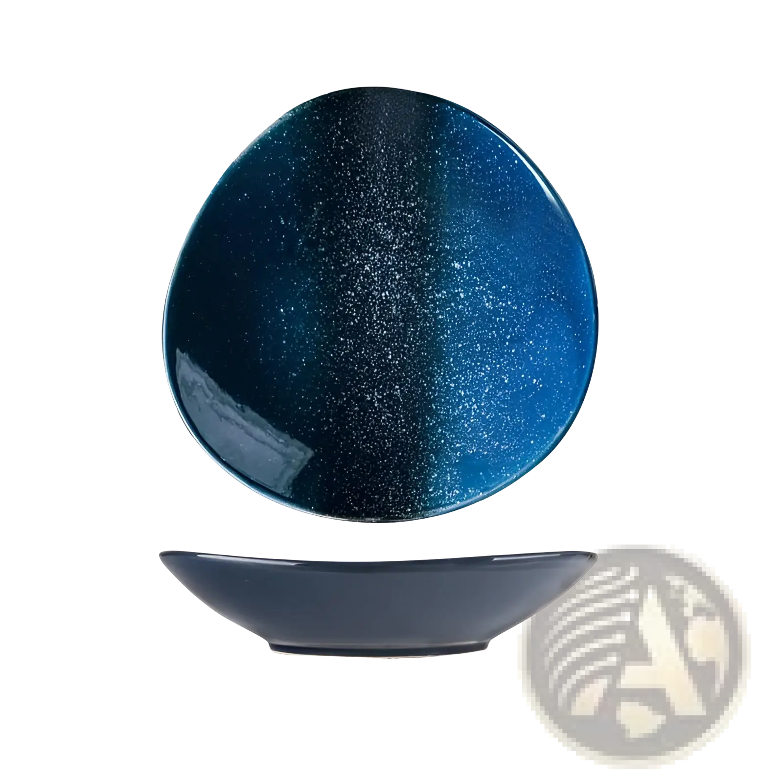 A ceramic blue speckled nordic round corner fillet plate with glossy oval shape and gradient blue glaze