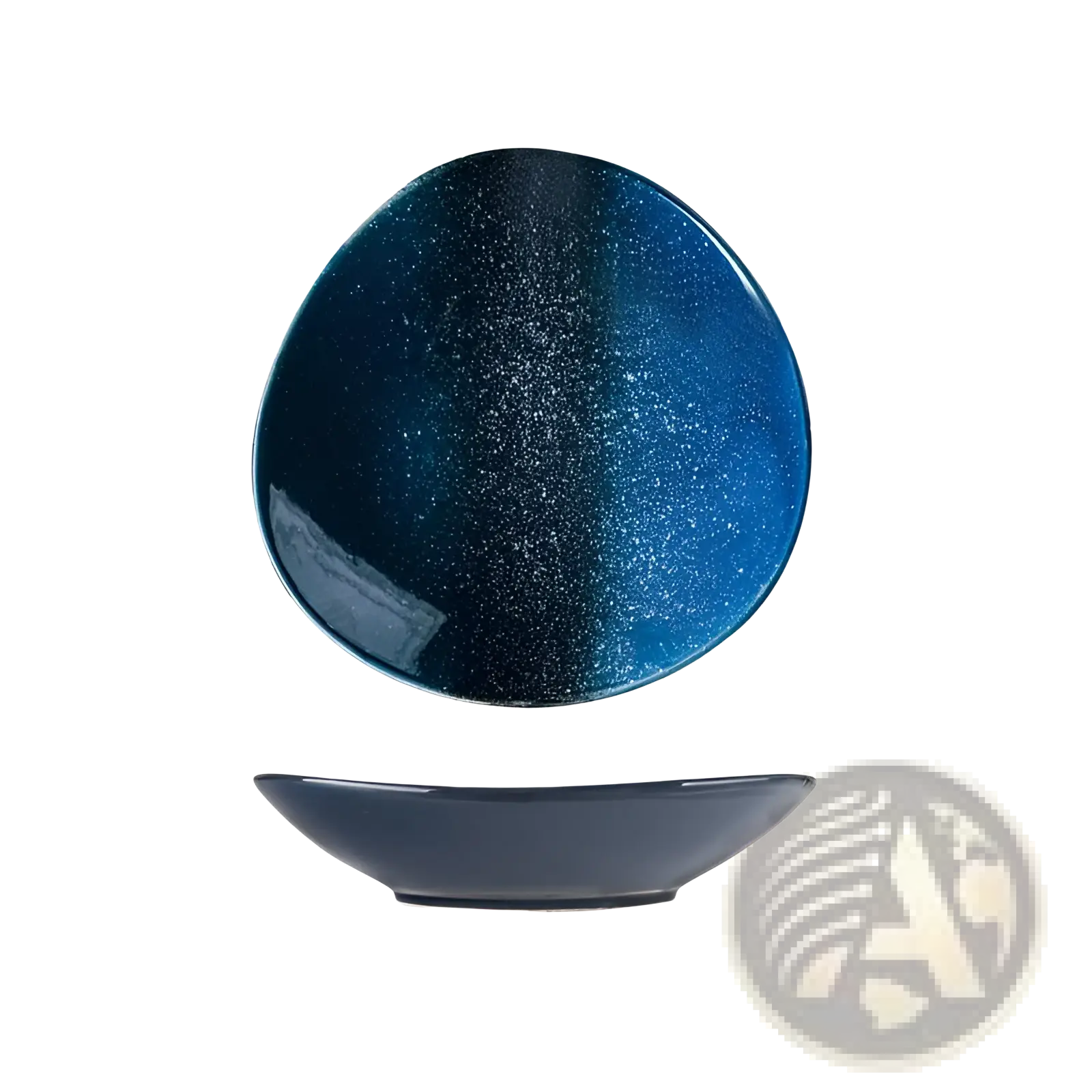 A glossy ceramic blue speckled nordic round corner fillet plate with oval shape and gold particle accents