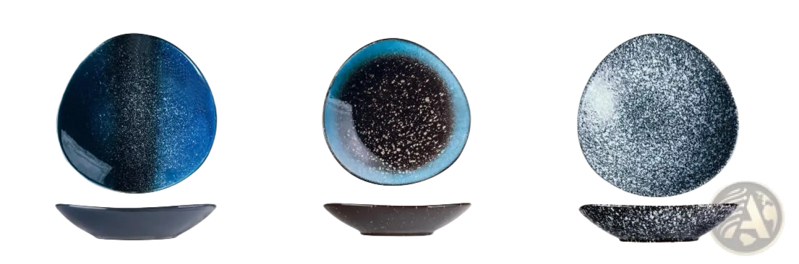 Three ceramic blue speckled nordic round corner fillet plates with glossy finishes in varying blue and gray tones