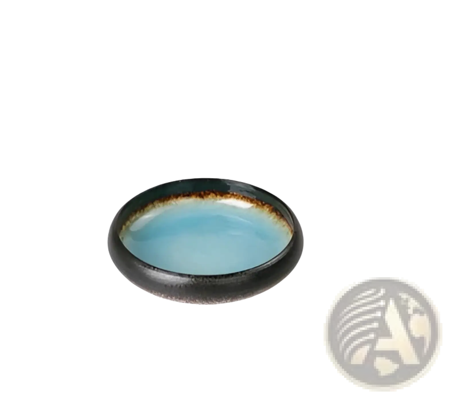 A sleek 12cm ceramic bowl with glossy turquoise interior and dark earthy-toned rim kiln glazed bone china round plate