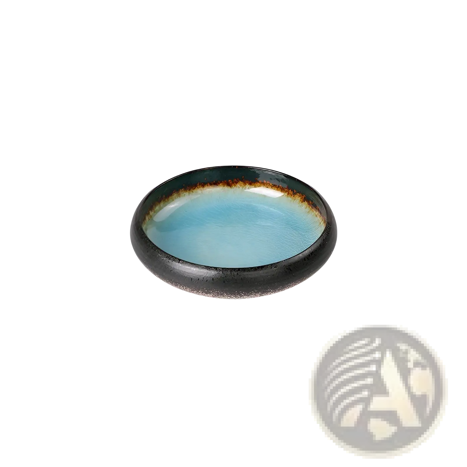 A handcrafted ceramic bowl with a smooth light blue interior and dark speckled rim kiln glazed in bone china