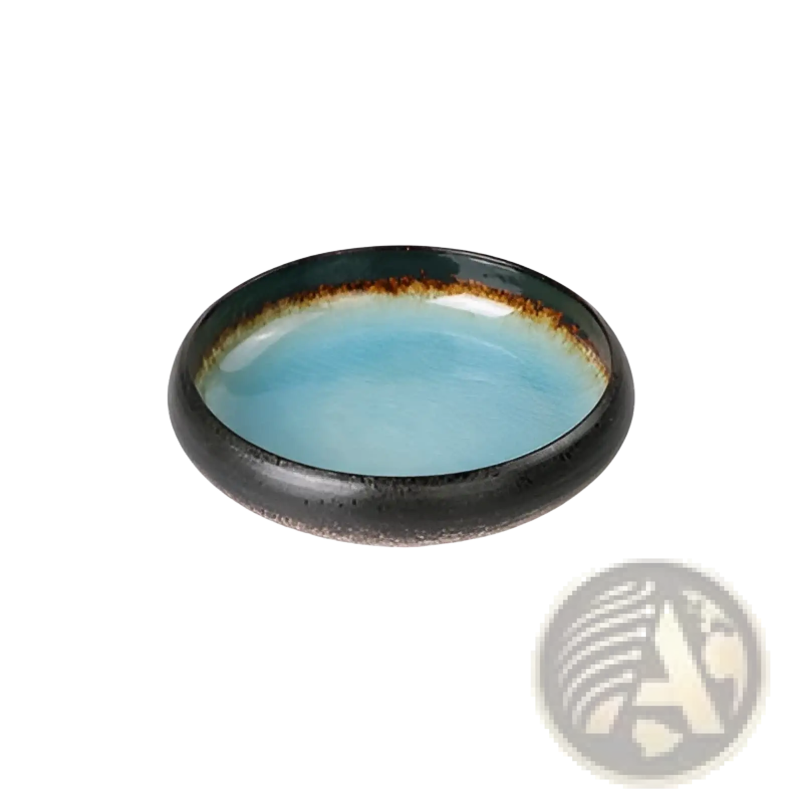 A ceramic bowl kiln glazed bone china round plate with glossy turquoise interior and dark speckled exterior rim