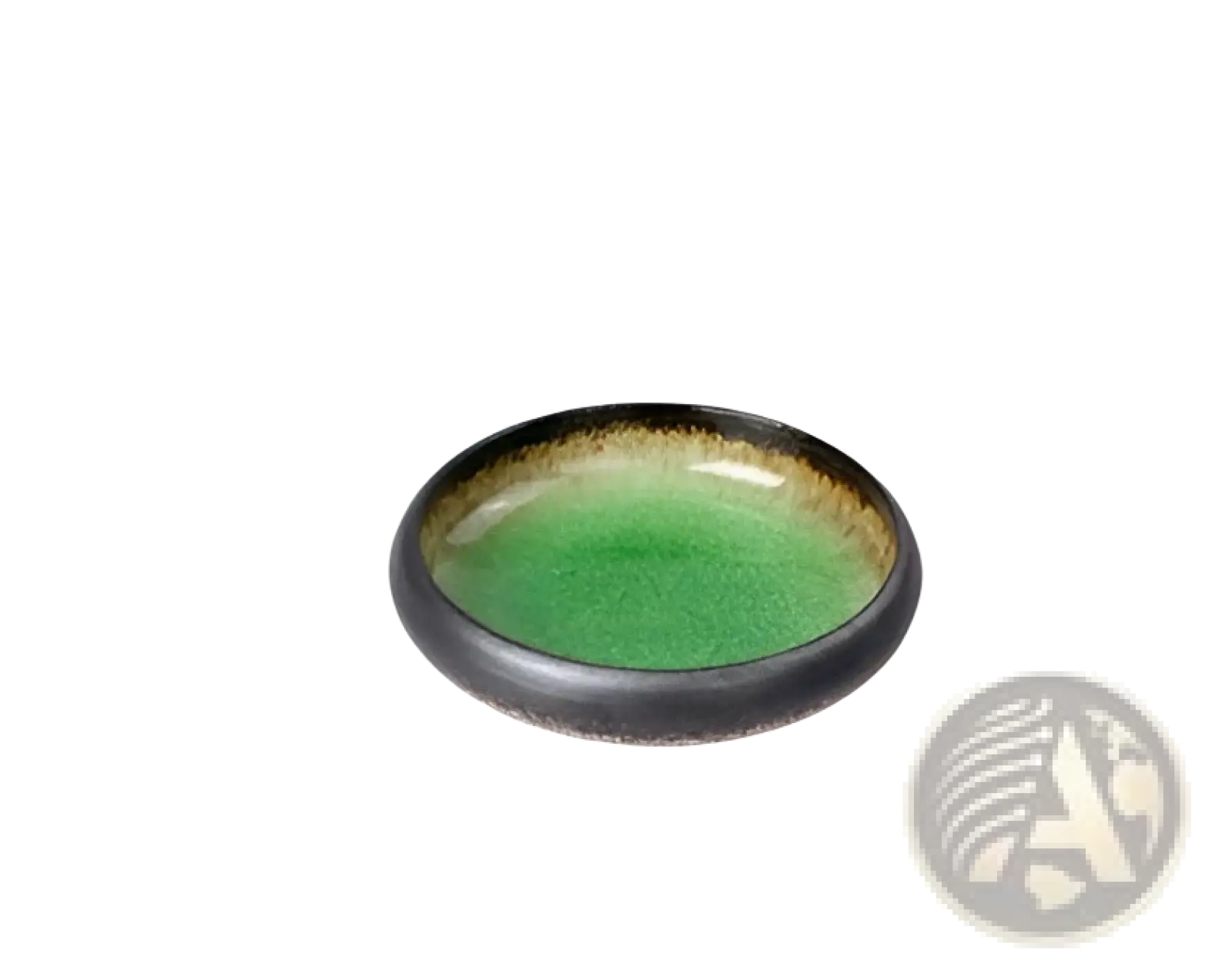 A sleek round ceramic bowl kiln glazed bone china with a vibrant green interior and dark textured rim