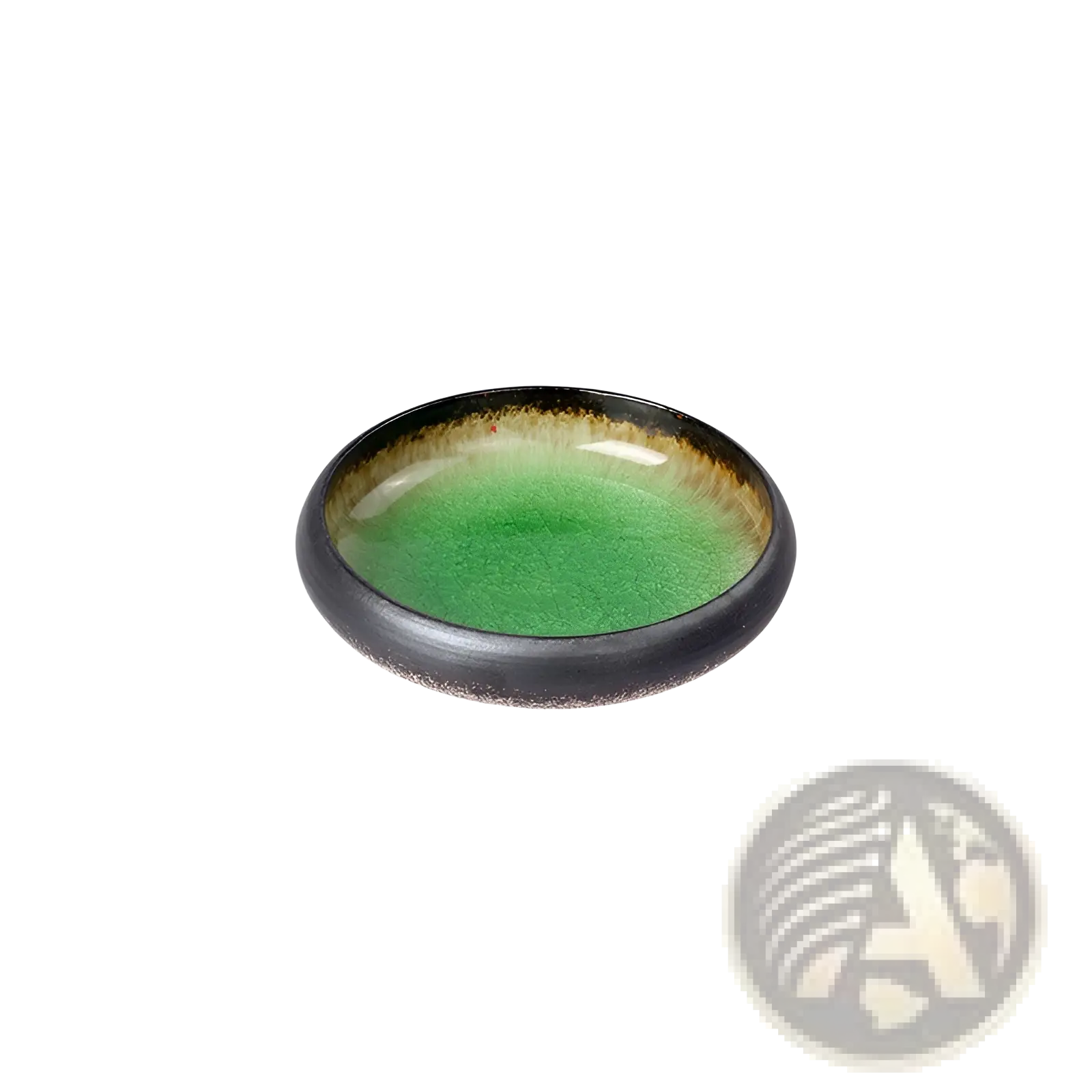A handcrafted ceramic bowl kiln glazed with glossy green crackle interior and dark earthy rim made of bone china