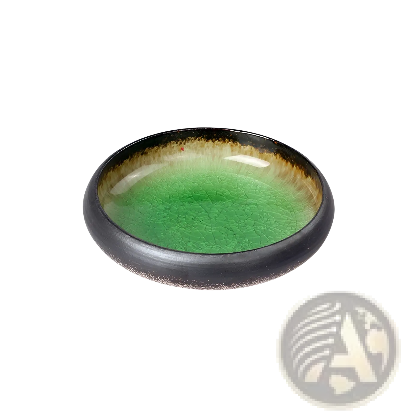 Ceramic bowl kiln glazed bone china round plate with glossy green crackled interior and dark speckled rim