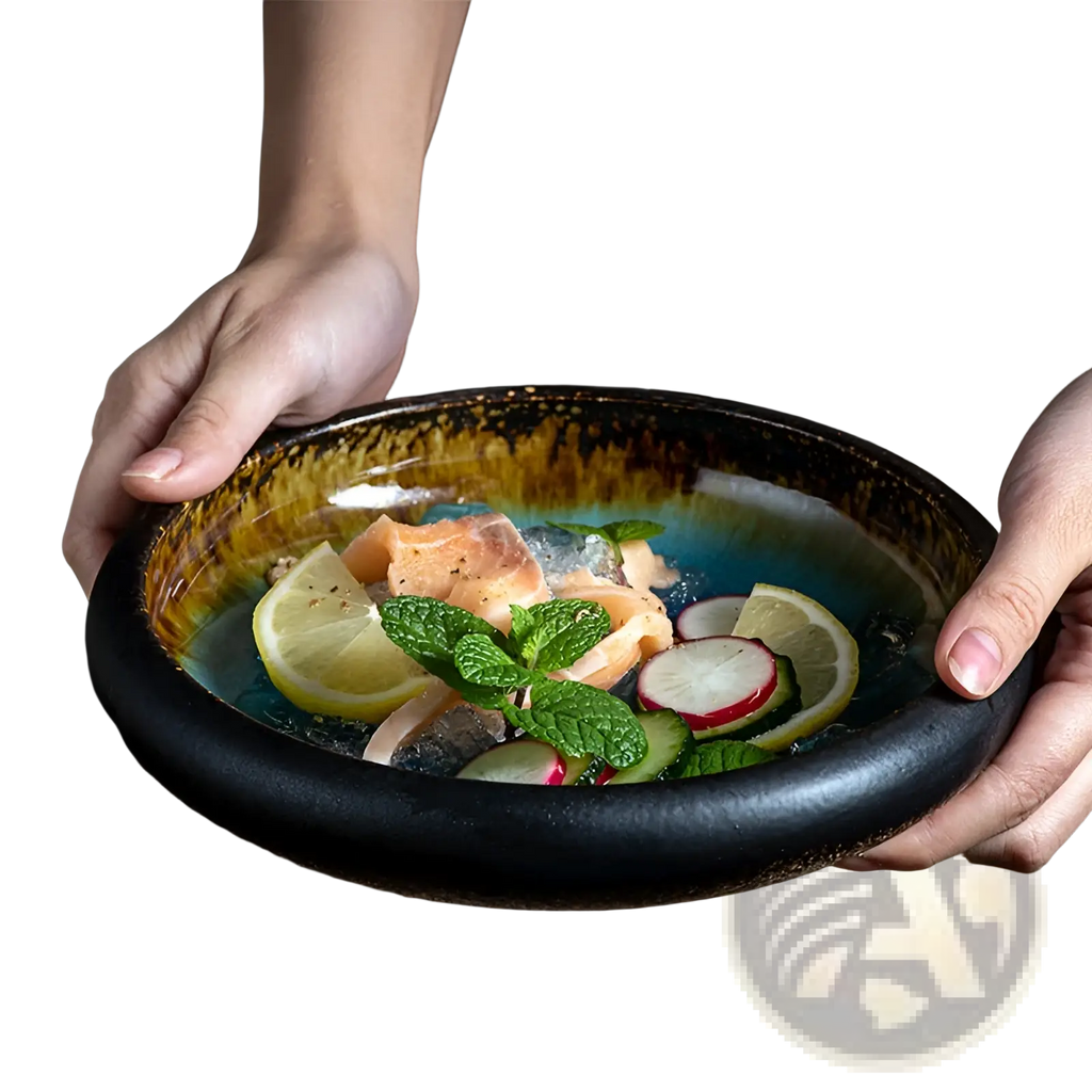A ceramic bowl kiln glazed bone china round plate with a glossy black exterior and teal and amber hand-painted rim