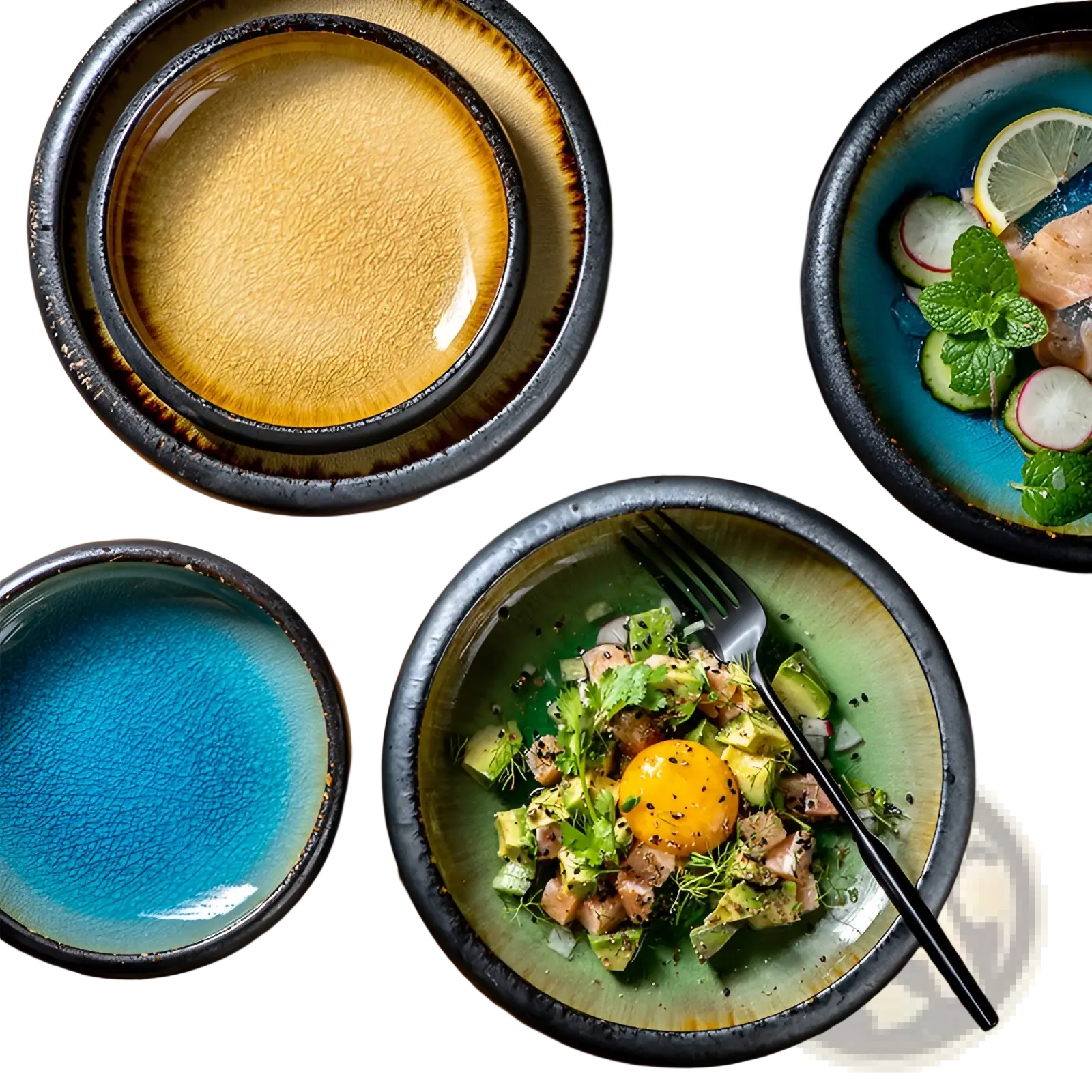 Handcrafted ceramic bowl kiln glazed bone china round plate with glossy gradient glazes in earthy tones and bold blues