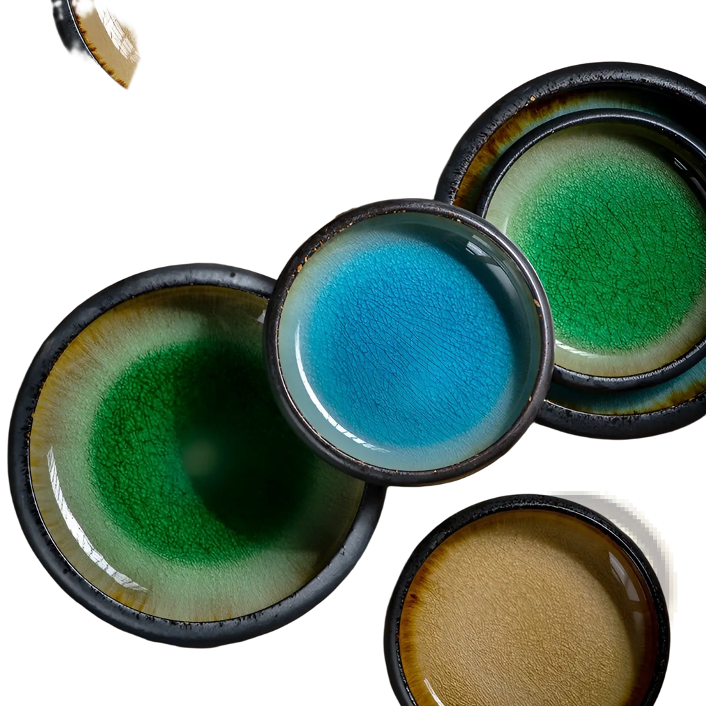 Handcrafted ceramic bowl kiln glazed bone china round plate with vibrant blue green and yellow crackled glazes and rustic rims