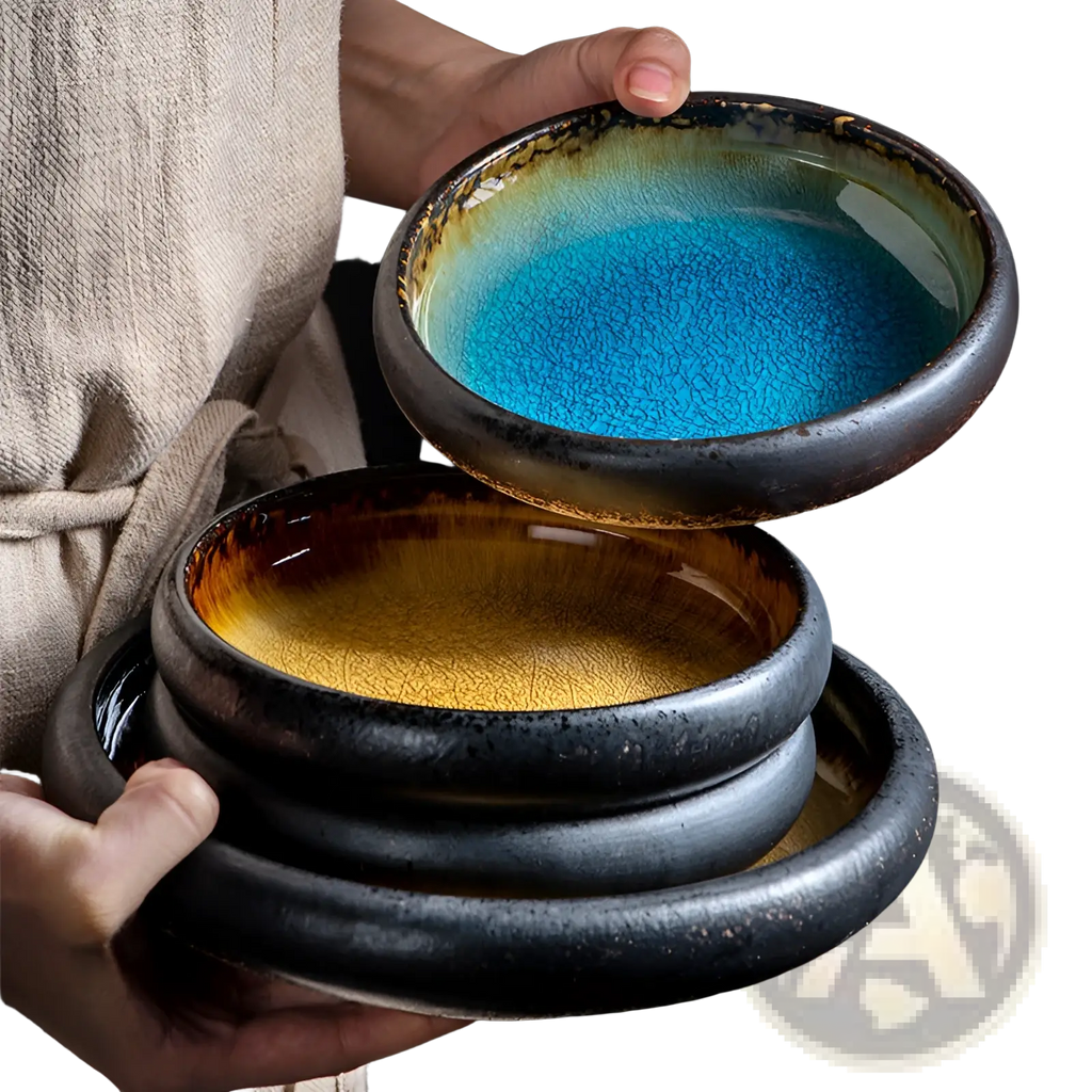 Handcrafted ceramic bowl with glossy crackled glaze in vibrant blue and gold hues on dark earthy rims bone china round plate