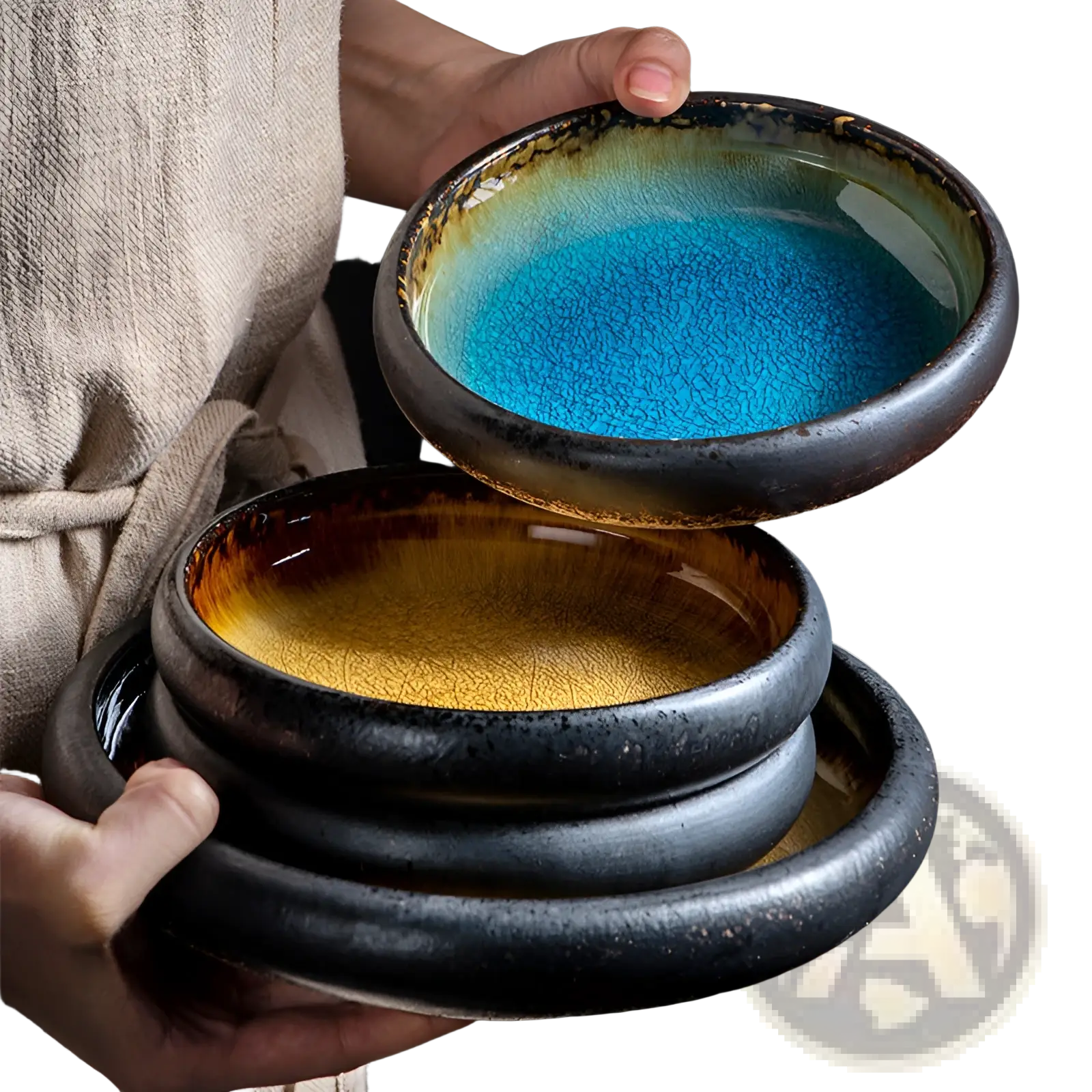 Handcrafted ceramic bowl with glossy crackled glaze in vibrant blue and gold hues on dark earthy rims bone china round plate