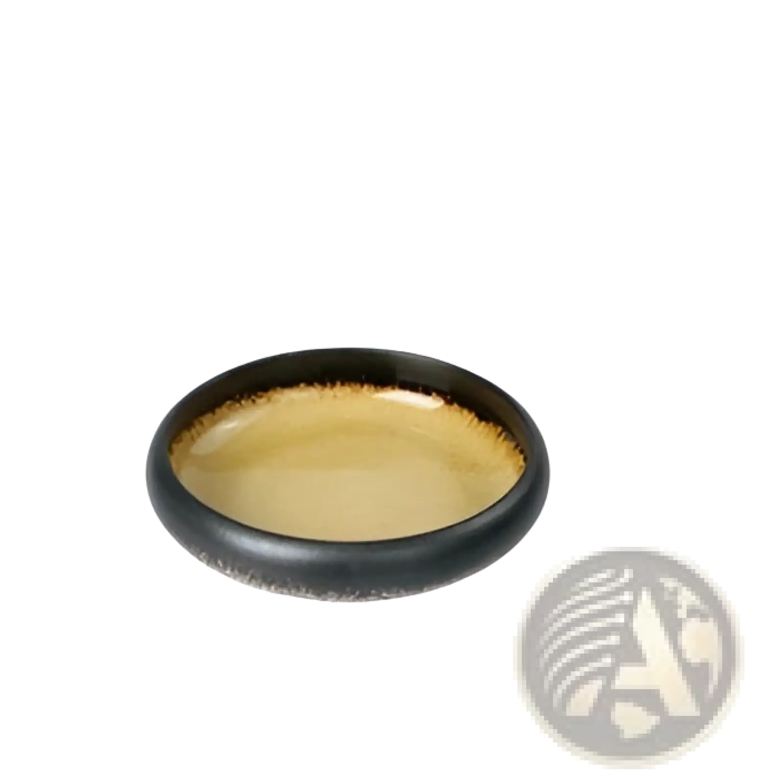 Black ceramic bowl with speckled rim and golden interior made of kiln glazed bone china measuring 12cm wide 3.5cm deep